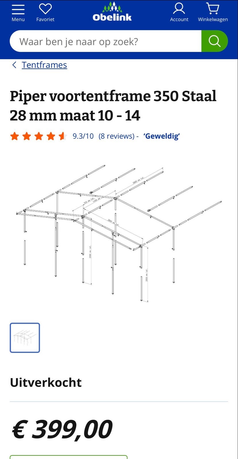 Piper voortentframe 350 Staal 28 mm maat 10 - 14, Caravans en Kamperen, Ophalen, Zo goed als nieuw