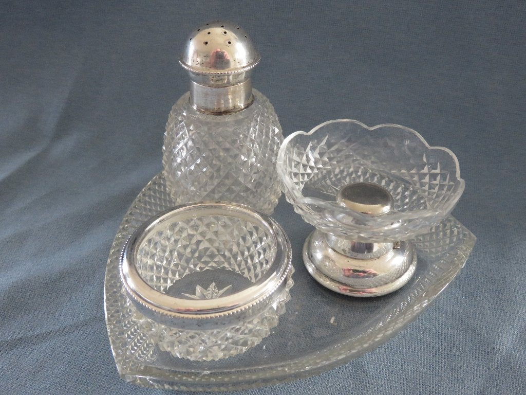 Kristallen set - peper - zout - olie met zilveren kaders, Antiek en Kunst, Ophalen of Verzenden