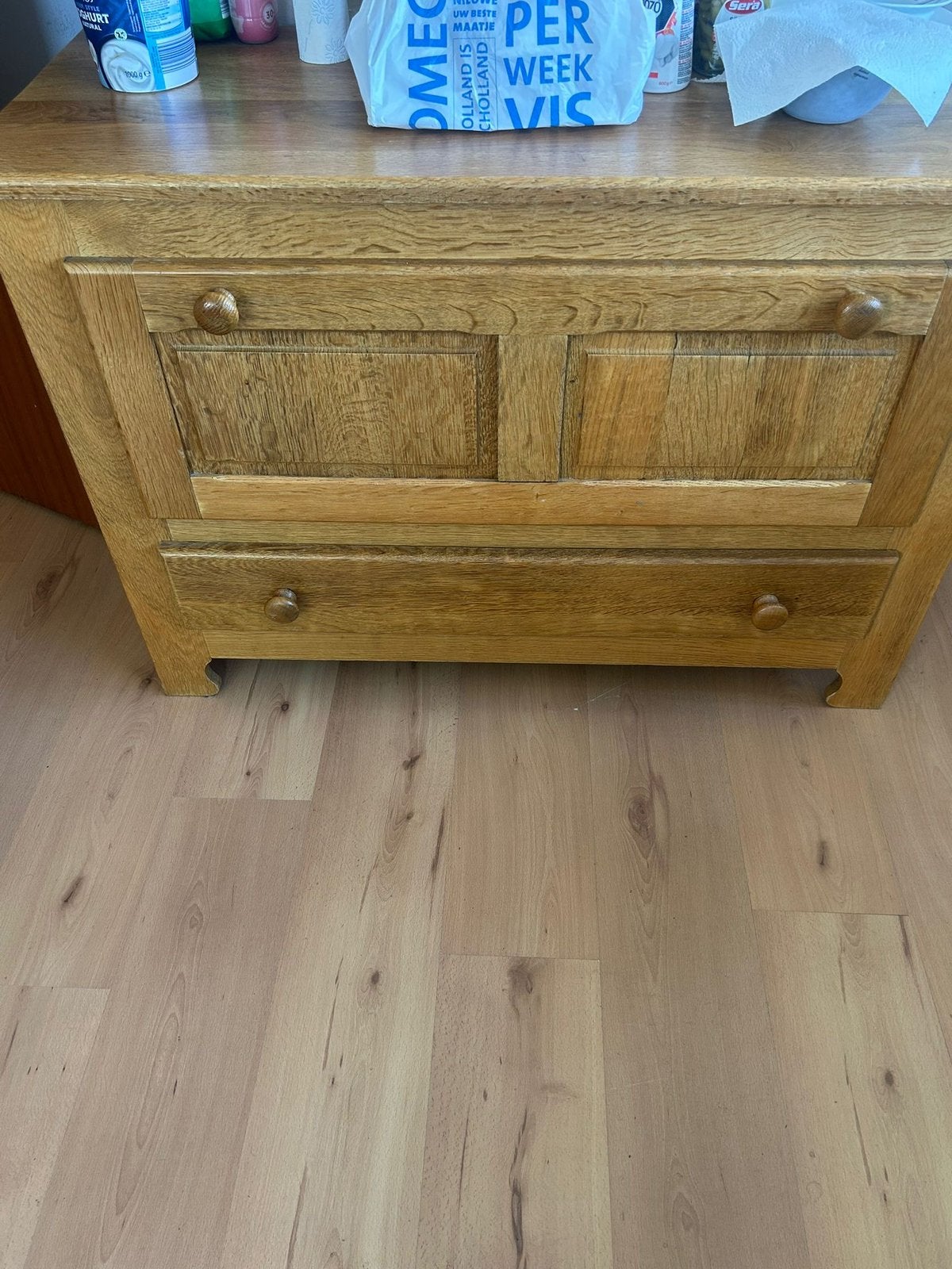 houten ladekastje met twee lades, Huis en Inrichting, Ophalen, Minder dan 50 cm, Gebruikt, Eikenhout
