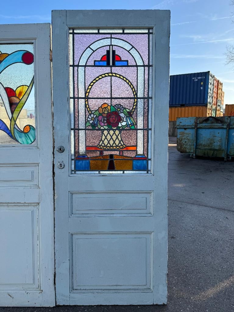 2 enkele Jugendstil glas in lood deuren., Ophalen