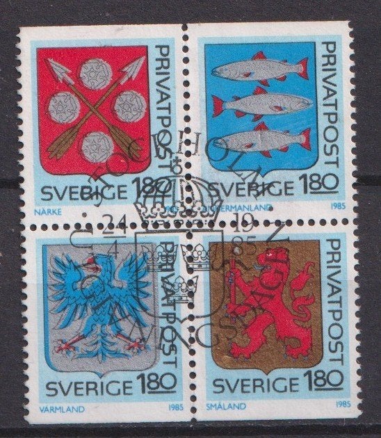 Zweden 1985; Provinciewapens, Mi 1330-1333 (blok), gebruikt., Ophalen of Verzenden, Zweden, Gestempeld