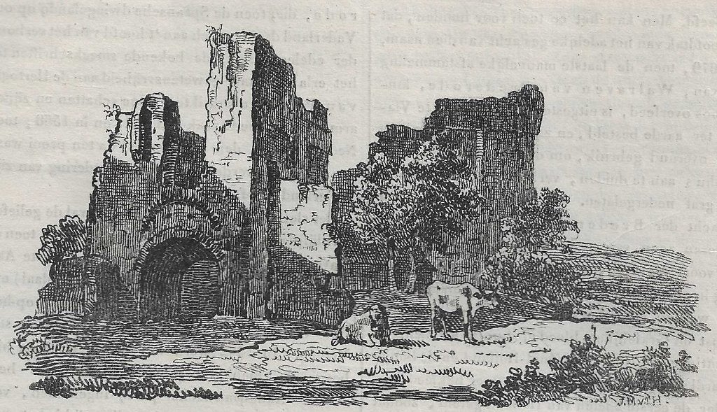 De ruïne van het Huis te Brederode Houtgravure 1834, Antiek en Kunst, Gesigneerd, 1800 - 1899, Architectuur, Ophalen of Verzenden