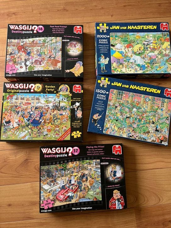 5 puzzels in 1 koop Jan van Haasteren en Wasgij, Ophalen, Meer dan 1500 stukjes, Zo goed als nieuw