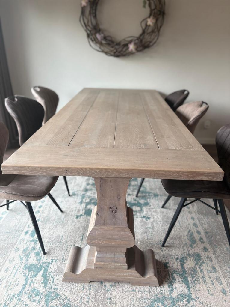 eettafel kloostertafel en stoelen, Ophalen, Gebruikt, 100 tot 150 cm, 200 cm of meer