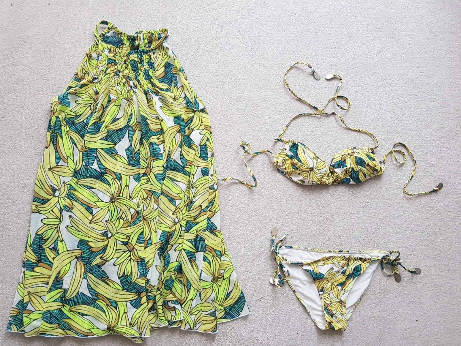 Bananen tropisch bikini maat 38 setje strand jurk maat xs s, H&M, Verzenden, Geel, Zo goed als nieuw