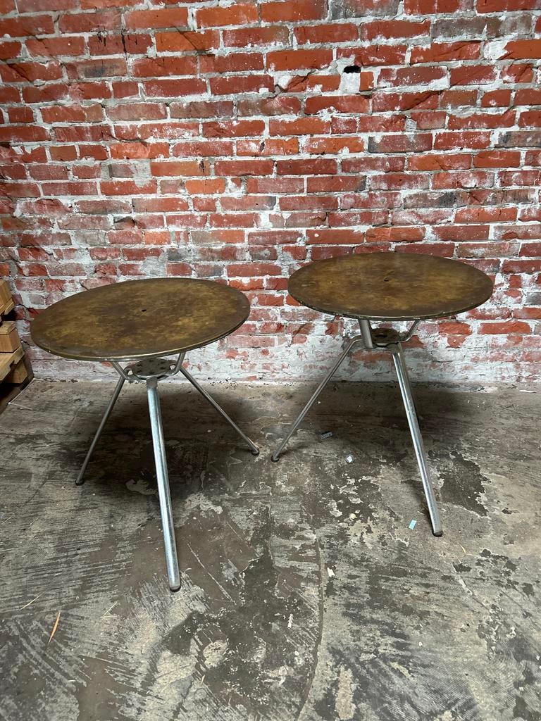 2x Vintage Terrastafeltje met Koperbeslag - Stevige 3-poot, Minder dan 55 cm, Gebruikt, Rond, Ophalen