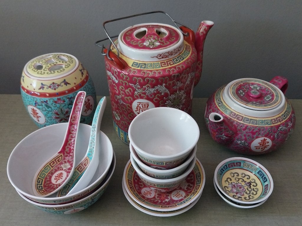Chinese Mun Chou Theeset - Wan Shou Wu en Jiang - 1950, Antiek en Kunst, Ophalen of Verzenden