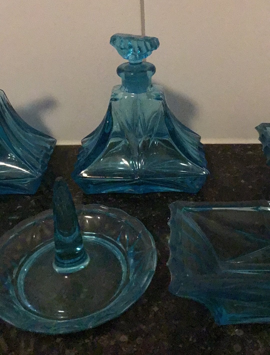 Glazen set toilettafel commodeset antiek blauw glas, Antiek en Kunst, Ophalen of Verzenden