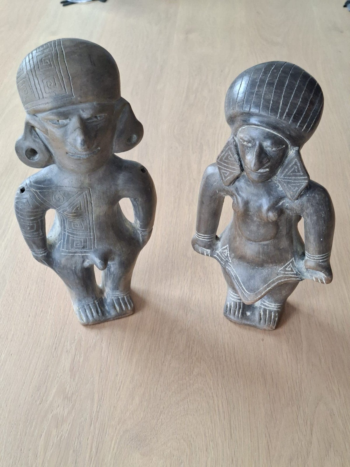 2 antieke traditioneel precolumbiaans man-vrouw klei €89, Ritueel object, Handgemaakt, 29 cm, Overige herkomsten
