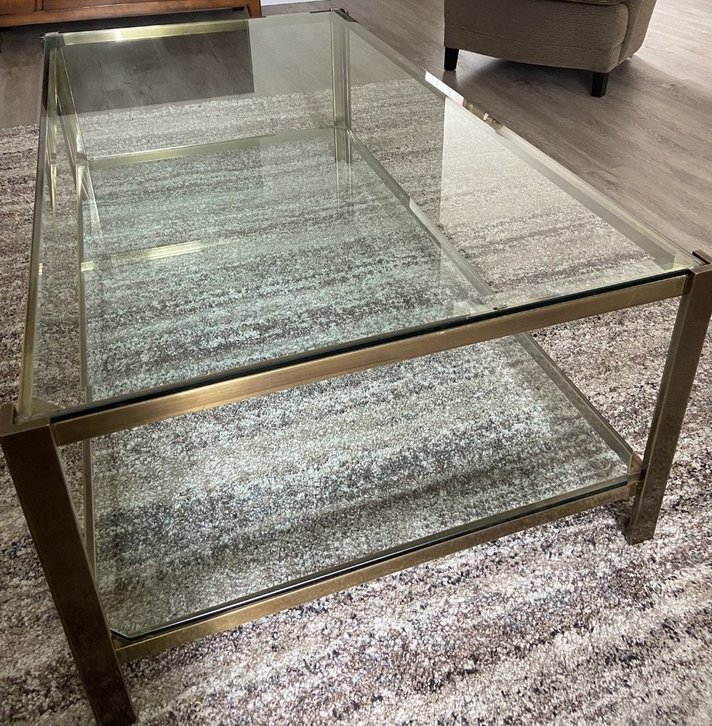 Glazen salontafel en hoektafel met messing frame, Ophalen, 50 – 75, Gebruikt, 100 tot 150 cm