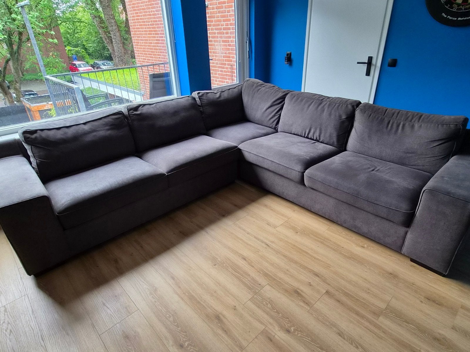 Comfortabele hoekbank - Antraciet, Ophalen, 250 tot 300 cm, Gebruikt, Modern en comfortabel