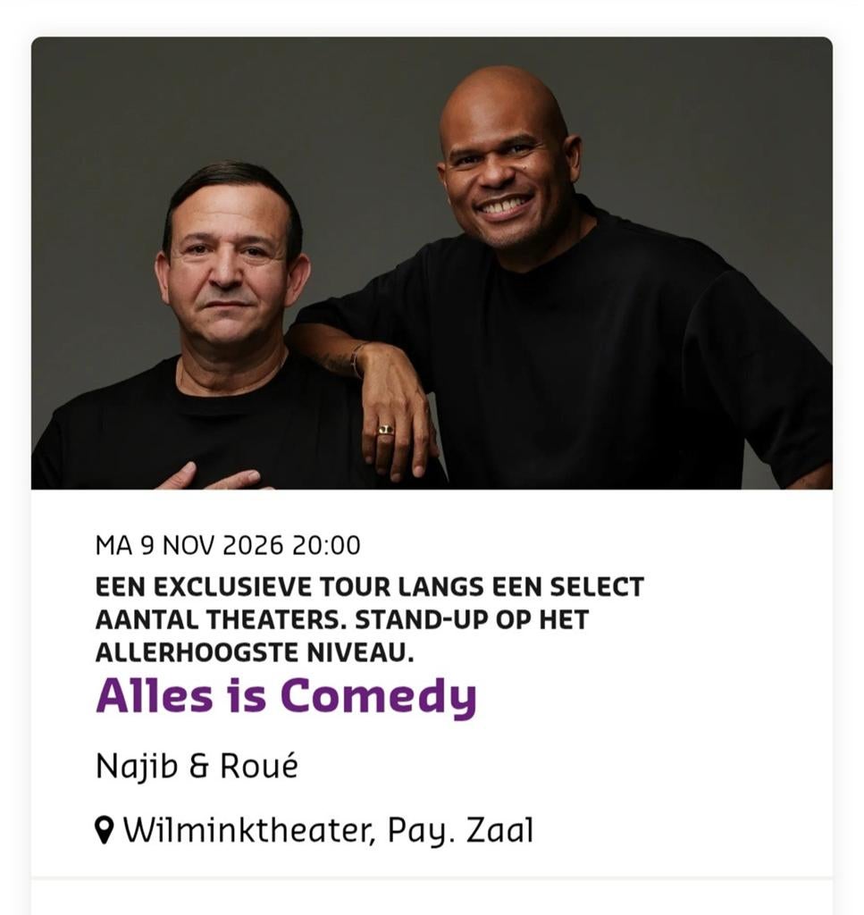 Najib Amhali - Roue Verveer 2X Rij 1 Loge Tickets  Enschede, Tickets en Kaartjes, Twee personen, November