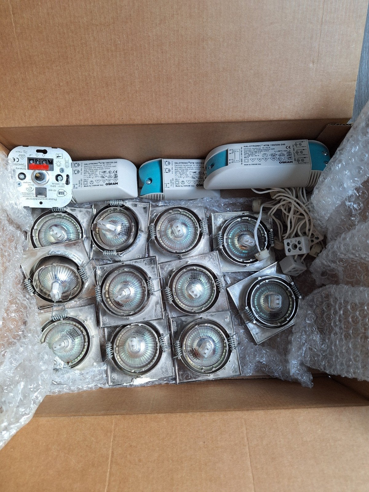 11 vierkante halogeen inbouwspots met dimmer en 3 trafo's, Halogeen, Gebruikt, Ophalen of Verzenden, Metaal
