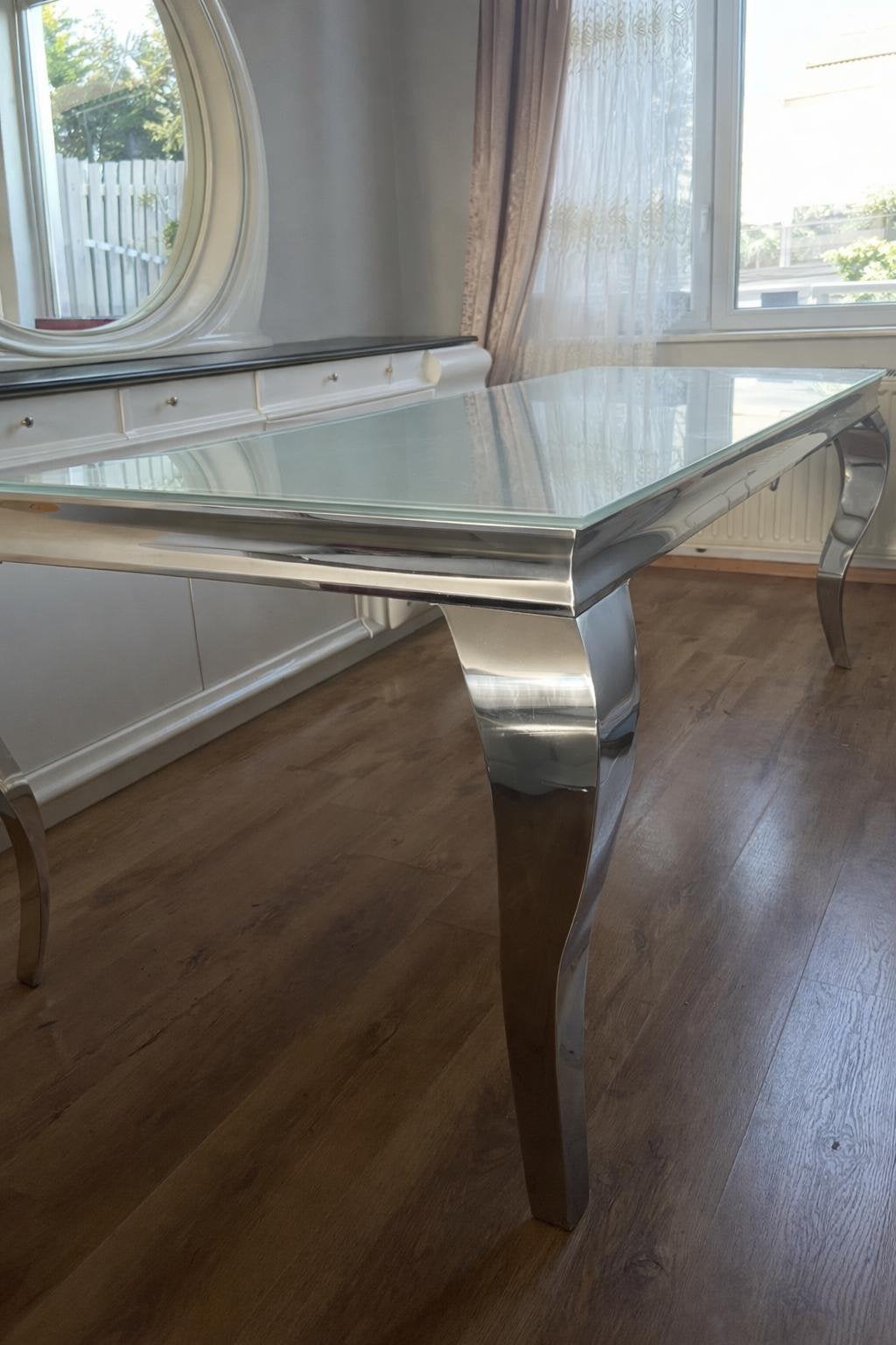 Luxe Italiaanse design eettafel – Glas & Chroom, Ophalen, 200 cm of meer, 50 tot 100 cm, Rechthoekig