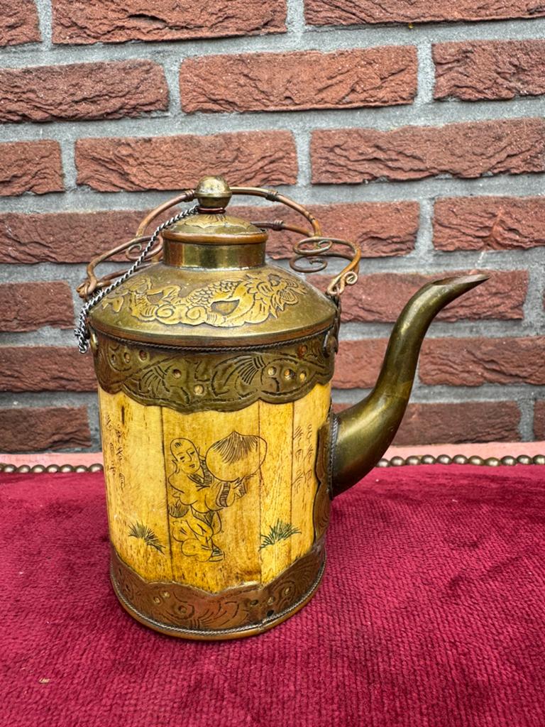 Chinese oude theepot, koper en been, Ophalen of Verzenden