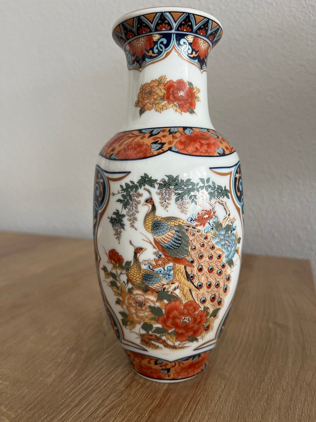 Prachtige Japanse vaas met pauwen en bloemmotieven, 21cm, Ophalen