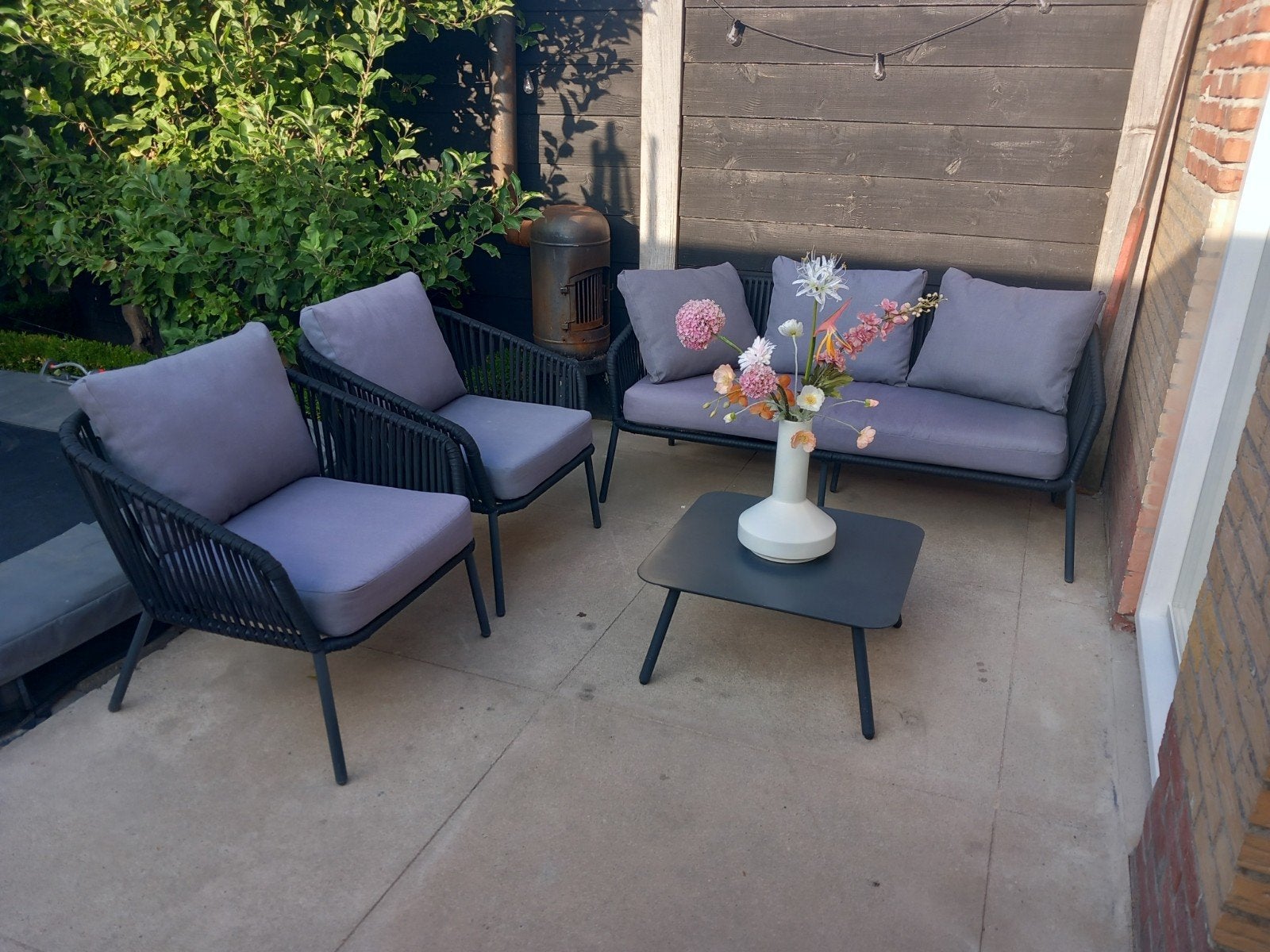 mooi loungeset zwart met grijze kussens, Ophalen, 4 zitplaatsen, Loungeset, Bank