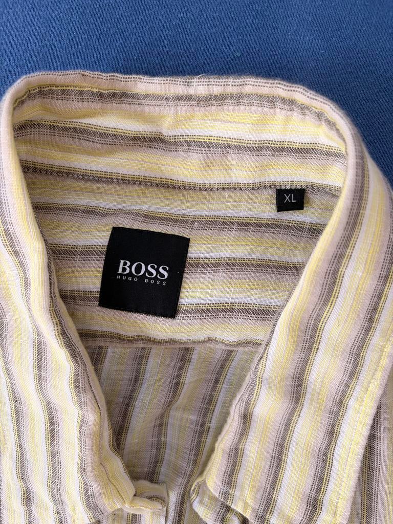 BOSS Hugo Boss Linnen overhemd XL gestreept geel/grijs, Kleding | Heren, Ophalen of Verzenden, Zo goed als nieuw, Geel, Halswijdte 43/44 (XL)