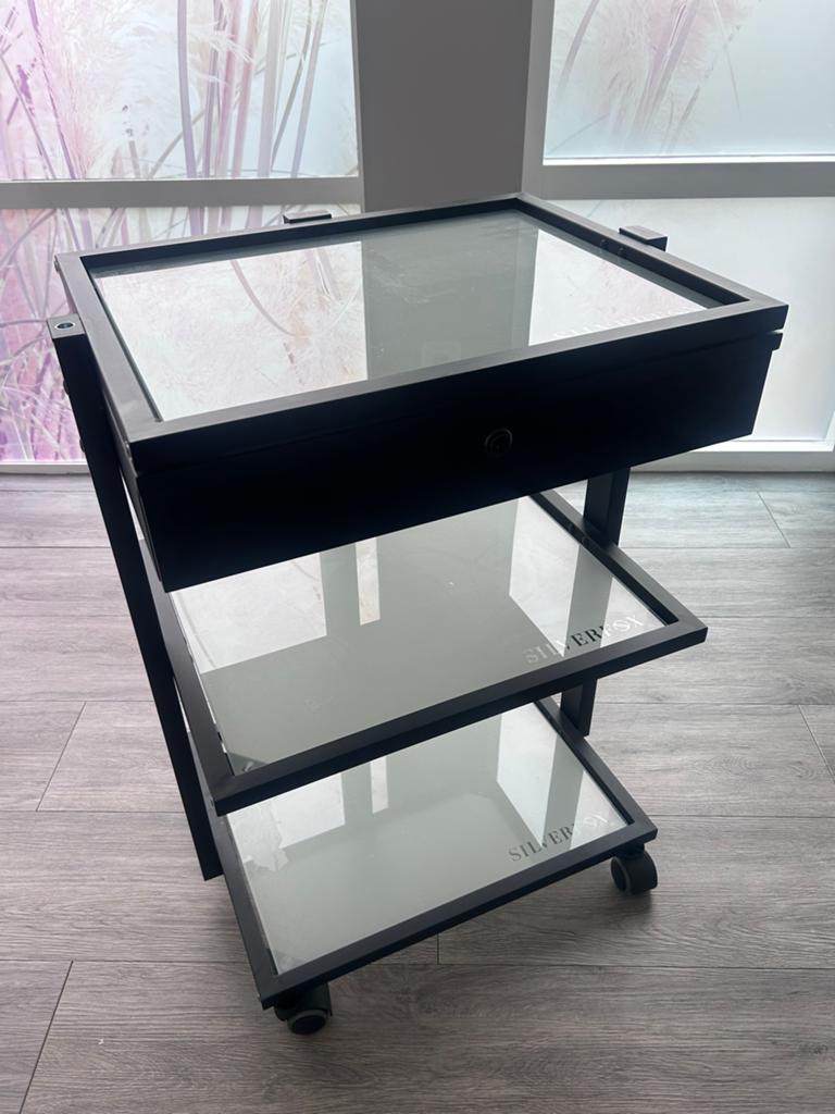 Mobiele werktafel zwart metaal met lade en melkglas, Ophalen, Gebruikt