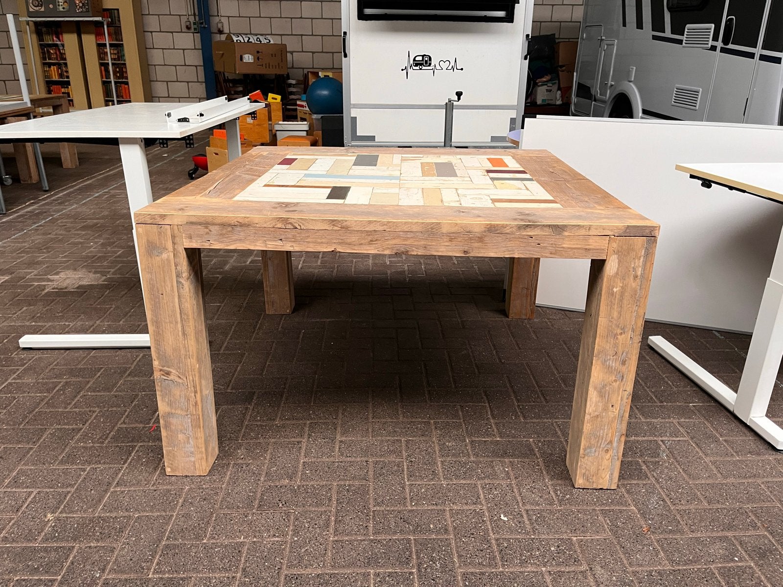 Steigerhout Vierkante Tafel met Sloophout Design Blad, Ophalen, 50 – 75, Gebruikt, Vierkant