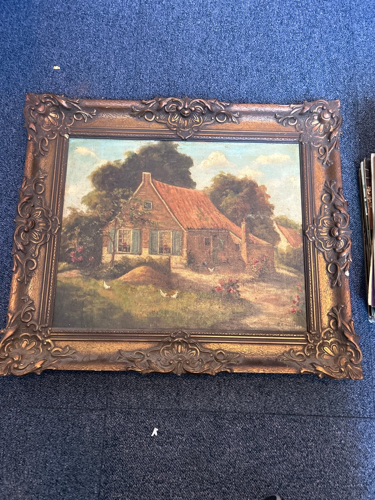 Oud schilderij met boerderij en kippen in sierlijke lijst, Antiek en Kunst, Verzenden