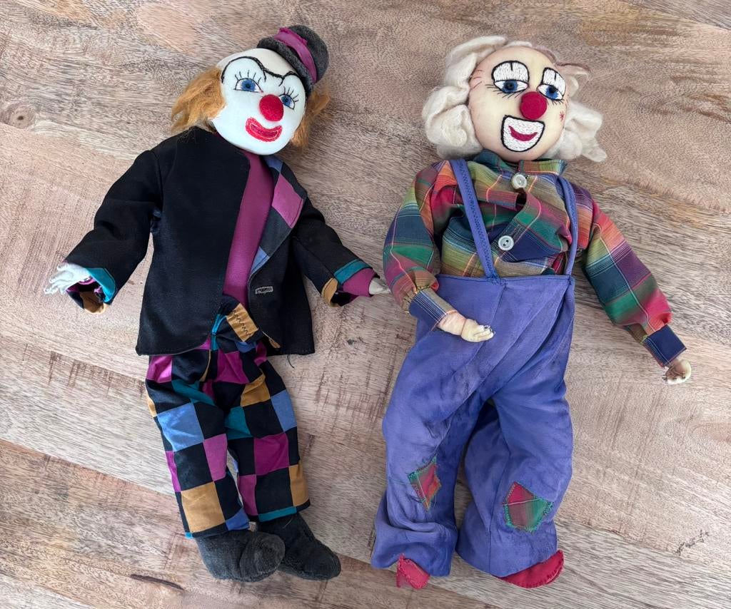 Set van 2 Unieke Vintage Handgemaakte Stoffen Clownspoppen, Ophalen of Verzenden, Zo goed als nieuw, Pop