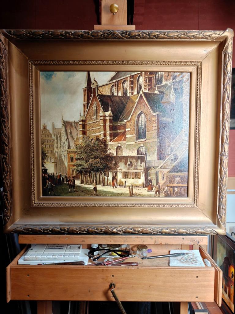 Stadsgezicht Haarlem Grote of Sint-Bavokerk, Grote Markt, Antiek en Kunst, Kunst | Schilderijen | Klassiek, Ophalen of Verzenden