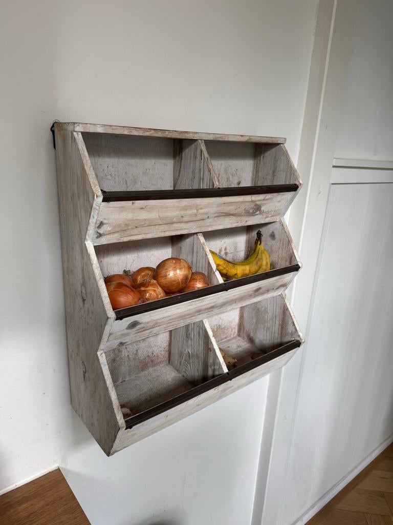 Brocante houten aardappel-uienrek wandmodel, Ophalen