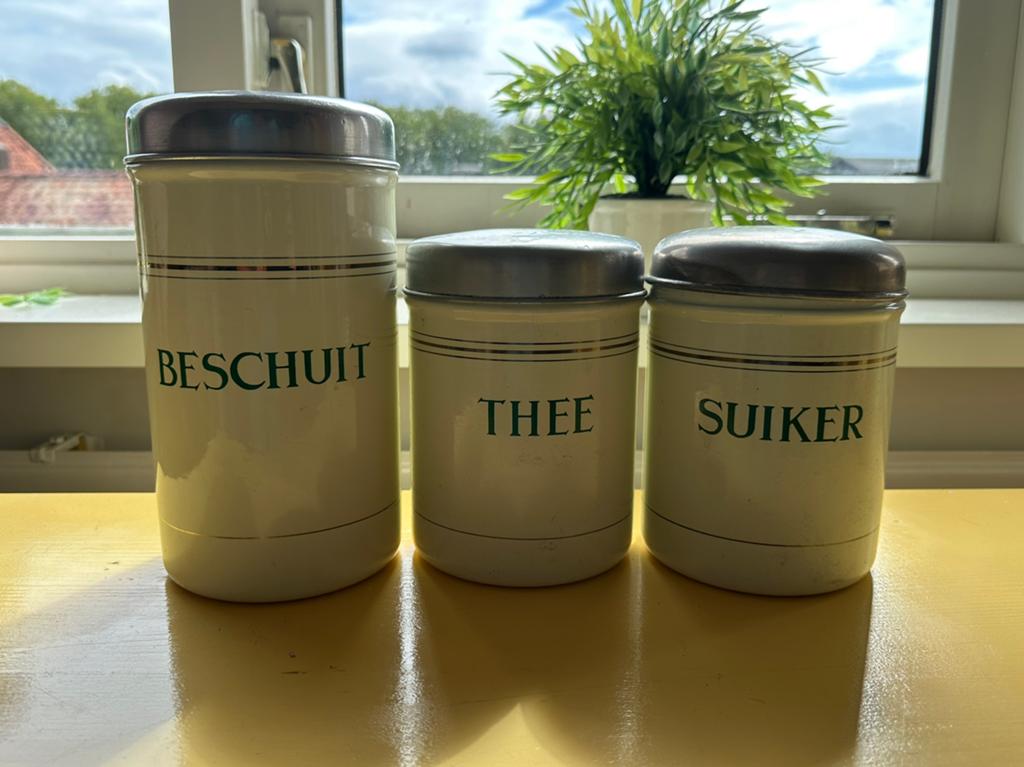 Emaille Blikken Beschuit, Thee, Suiker, Ophalen