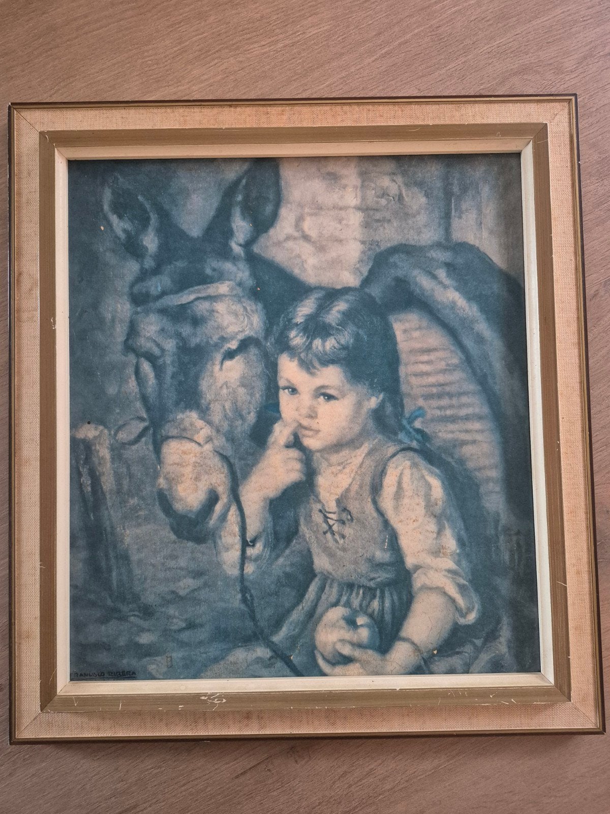 Vintage print 'Meisje met Ezel' van Francisco Ribera, Antiek en Kunst, Dieren, Ophalen of Verzenden, Klassiek, Print