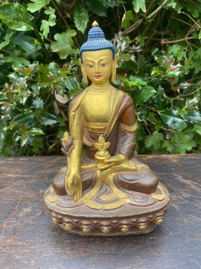 Vintage Brons Goldface Medicijn boeddha beeld uit Nepal, Gesigneerd, 21 cm, Ophalen of Verzenden, Zo goed als nieuw