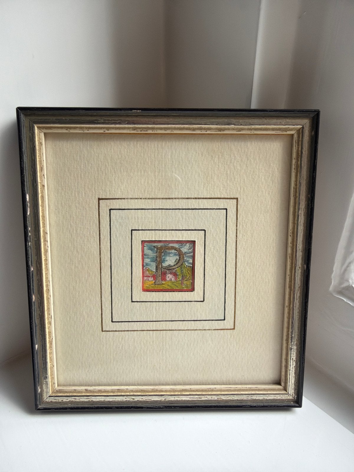 Ingelijste Houtsnede 'P' - Kunsthandel H.A.J. Teunissen, Handgekleurd, 1950 - 1999, Ophalen of Verzenden, Houtsnede