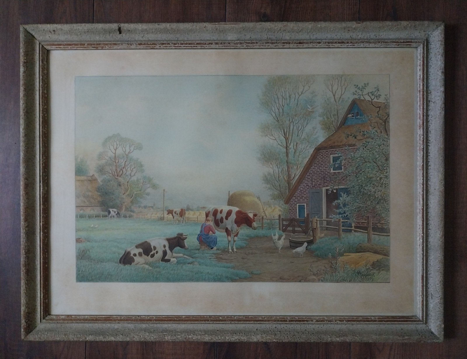 F. Meppelink (1878–1959) - Koeien melken - 1939, Antiek en Kunst, Kunst | Schilderijen | Klassiek, Ophalen