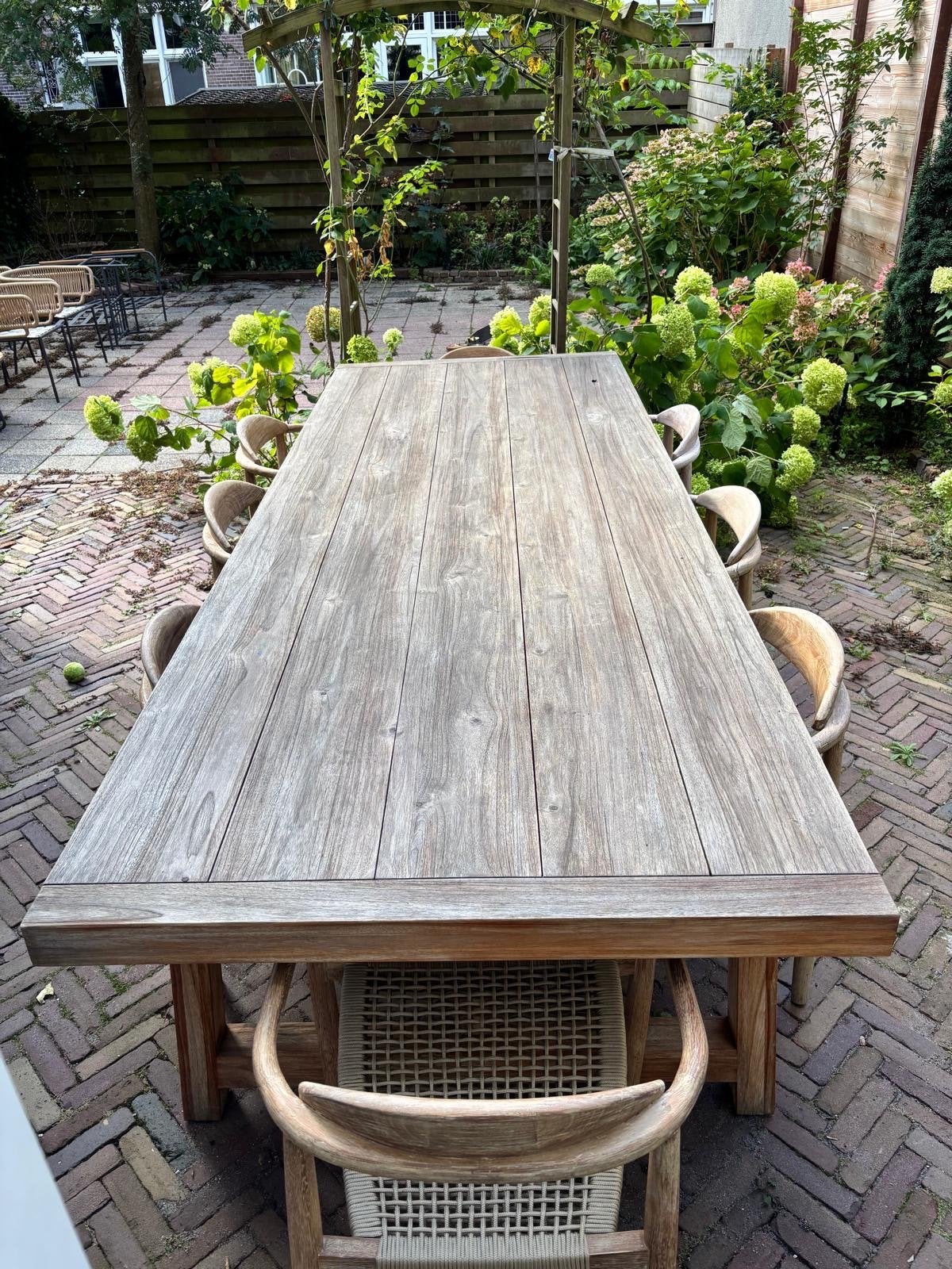 Grote teakhouten tuintafel met 8 stoelen, Tuin en Terras, Ophalen, Gebruikt, Eettafel, Teakhout
