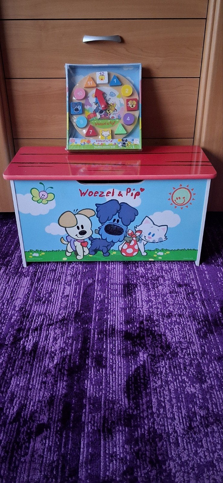 speelgoedkist Woezel en Pip en nieuwe houten puzzelklok, Kinderen en Baby's, Ophalen, Zo goed als nieuw, Opbergmeubel