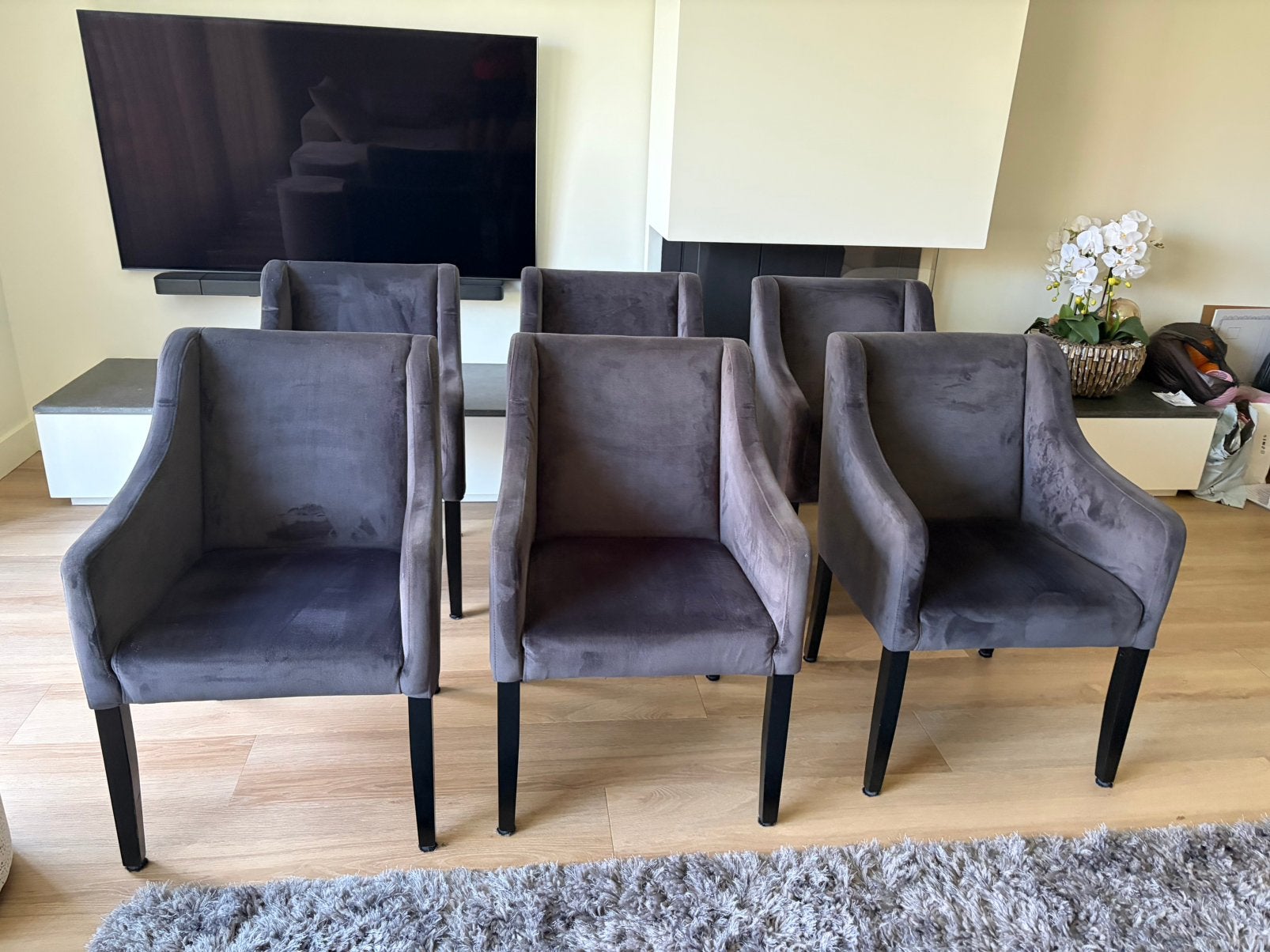 eetkamerstoelen woood  6 stuks, Ophalen, Gebruikt, Vijf, Zes of meer stoelen, Stof