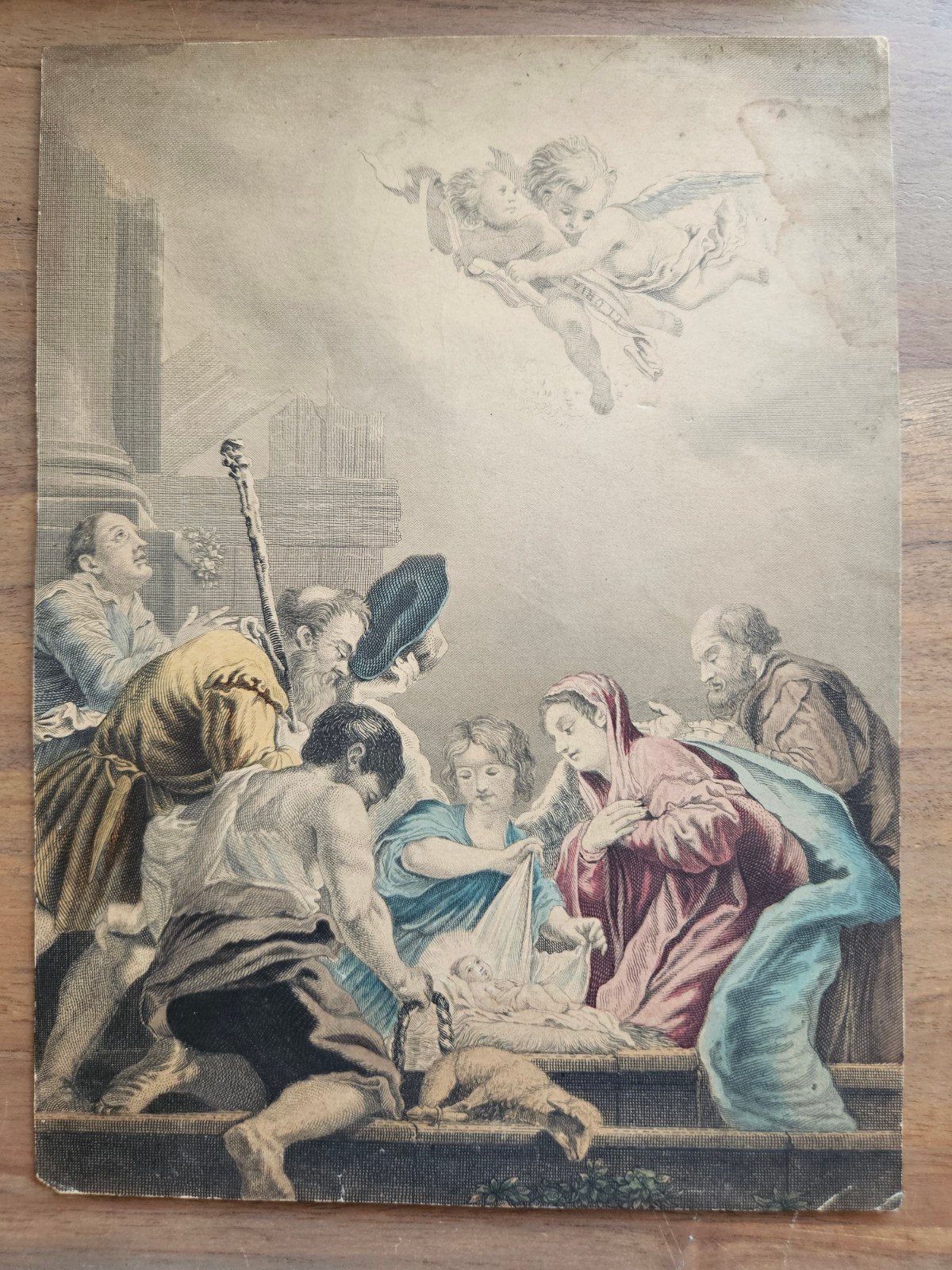 Antieke Ets/Litho? : Aanbidding der Herders (18e eeuw), Antiek en Kunst, 25 cm, Ets, Religie, Ophalen of Verzenden
