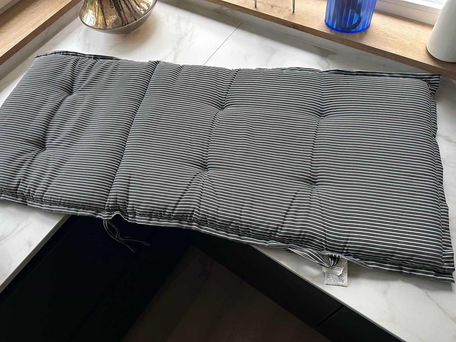 4x Gestreepte Zitkussens - Rugleuning 70cm, Ophalen, Gebruikt, Met print, Grijs