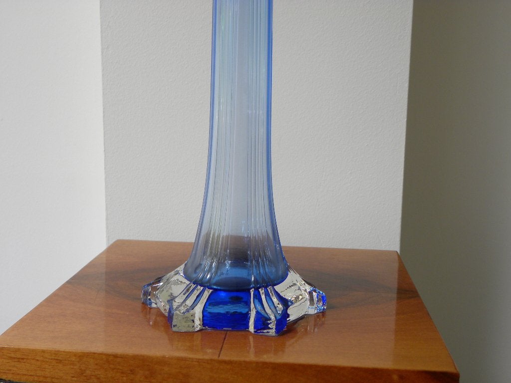 Hoge Art Deco Vaas - Blauw/Transparant - Boheems Glas, Ophalen of Verzenden