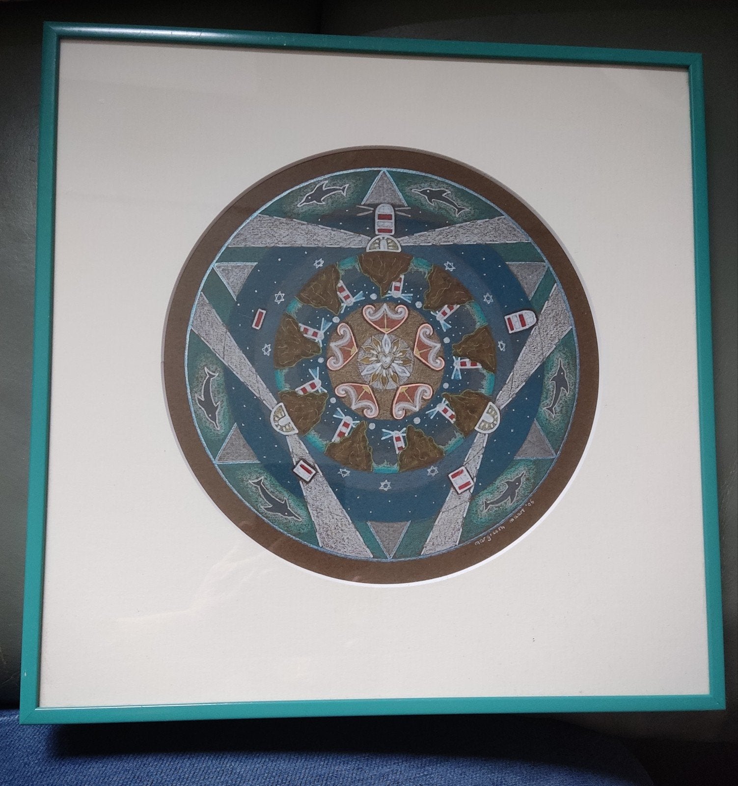 Ingelijste Mandala met Zee- en Vuurtorenmotieven, Antiek en Kunst, Ophalen of Verzenden