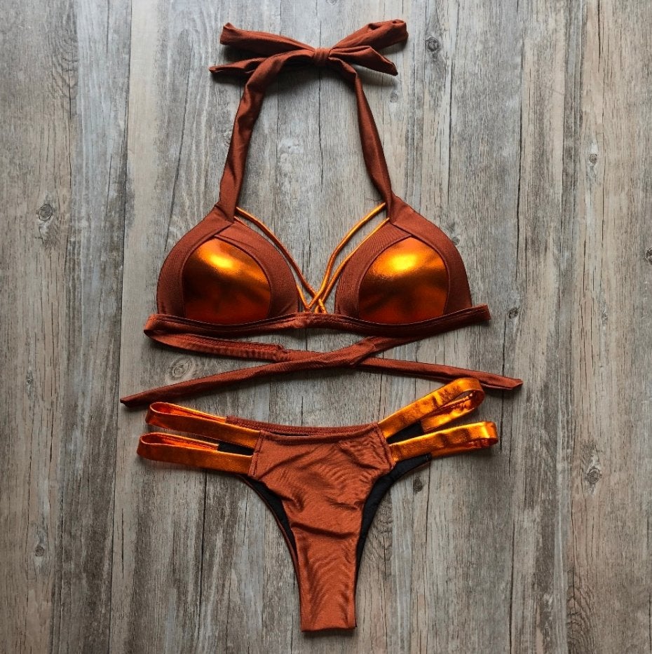Bronzen bruine push up string bikini glimmende dames vrouwen, Verzenden, Nieuw, Bruin, Bikini