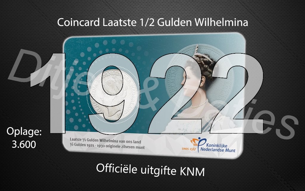 Laatste halve gulden Wilhelmina in coincard KNM 1922, Postzegels en Munten, Ophalen of Verzenden, Koningin Wilhelmina, ½ gulden