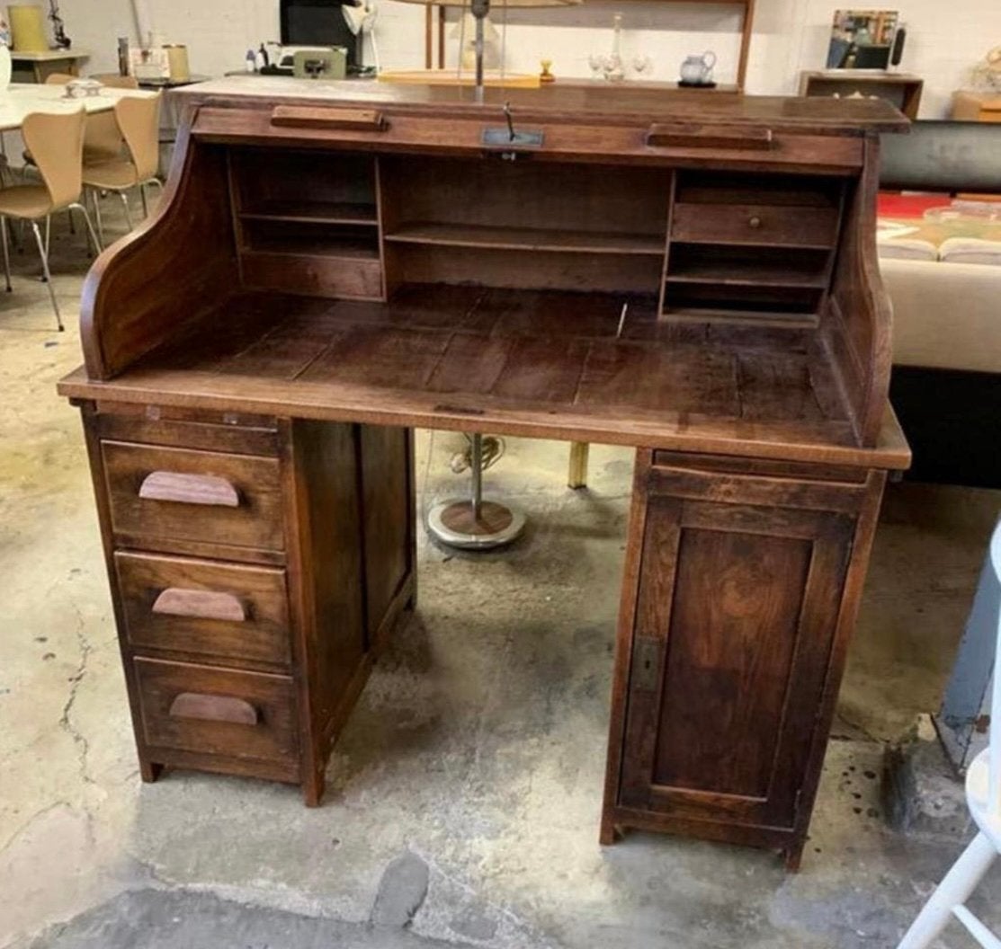Bureau schitterend antiek oud eiken vintage rolbureau, Huis en Inrichting, Bureaus, Ophalen of Verzenden