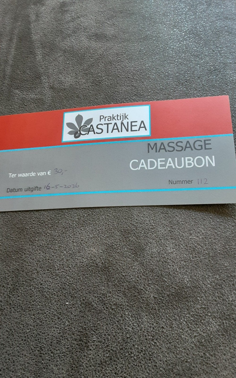 Cadeaubon MASSAGE GARDEREN, Tickets en Kaartjes, Eén persoon, Cadeaubon
