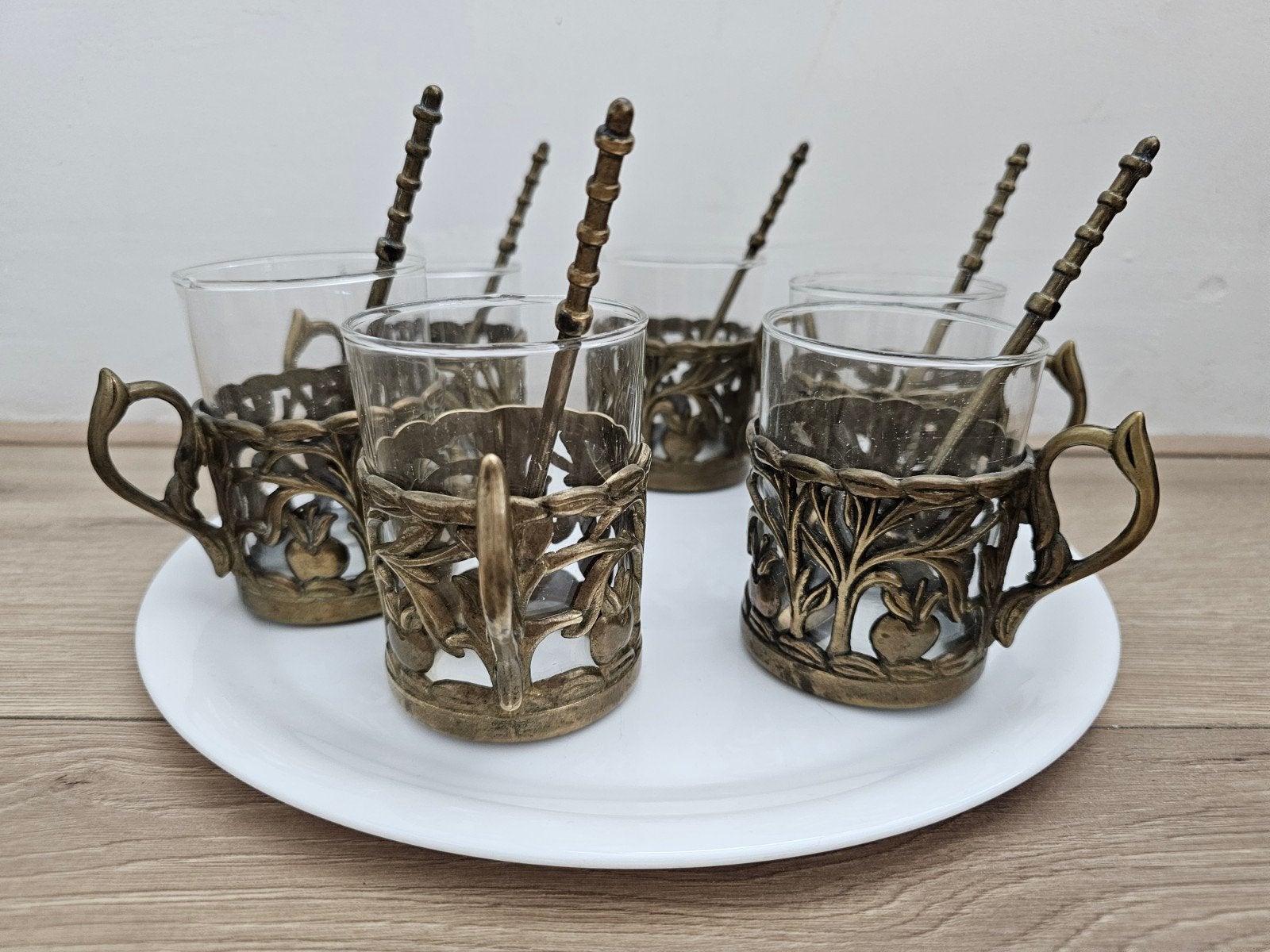 Prachtige Messing art nouveau glazenhouders met lepels ✨️, Ophalen