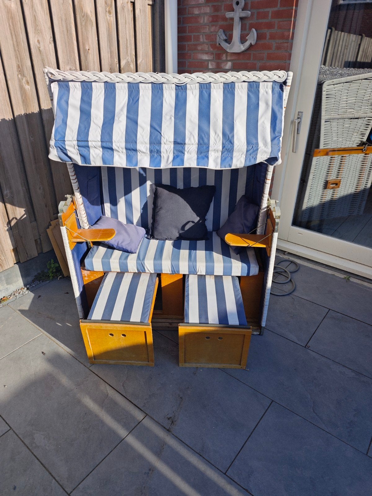 Strandkorf - Blauw/Wit gestreept, Gebruikt, Loungeset, Wicker, Bank