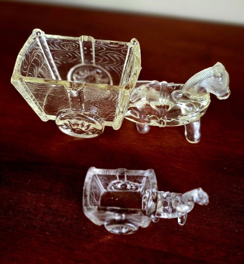 2x Jeannette glas Ezel met kar uit 1940-1960, Verzenden
