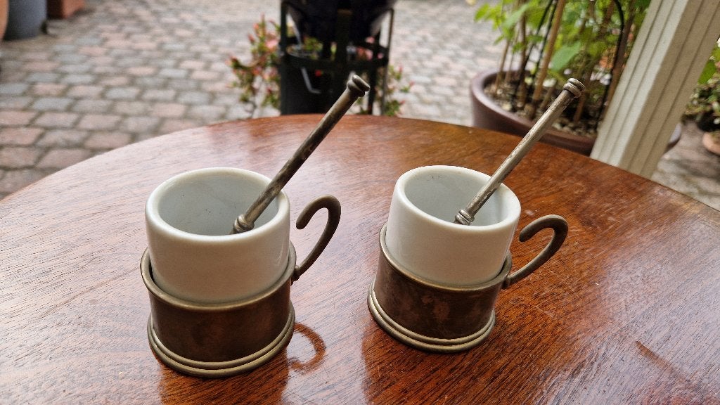 2 oude kop en schotels tin-porcelein en 2 lepels, Ophalen of Verzenden