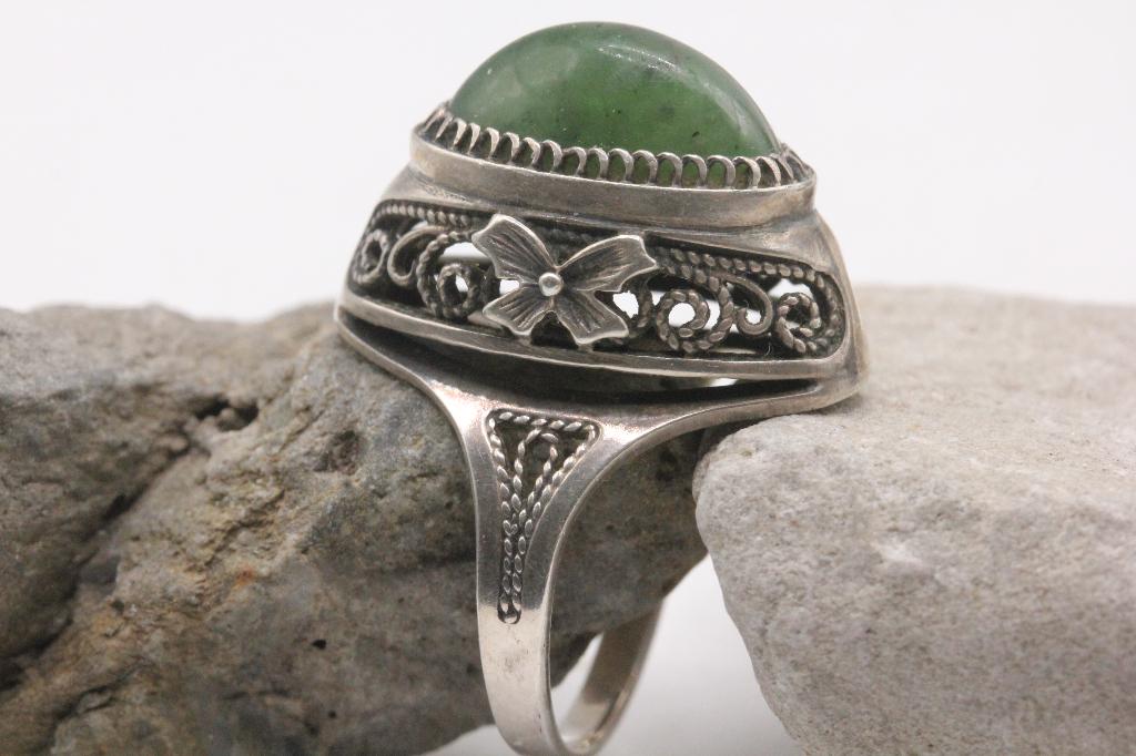 ring zilver filigraan vintage met Siberische jade steen, Sieraden, Tassen en Uiterlijk, Ringen, Ophalen of Verzenden, Zo goed als nieuw