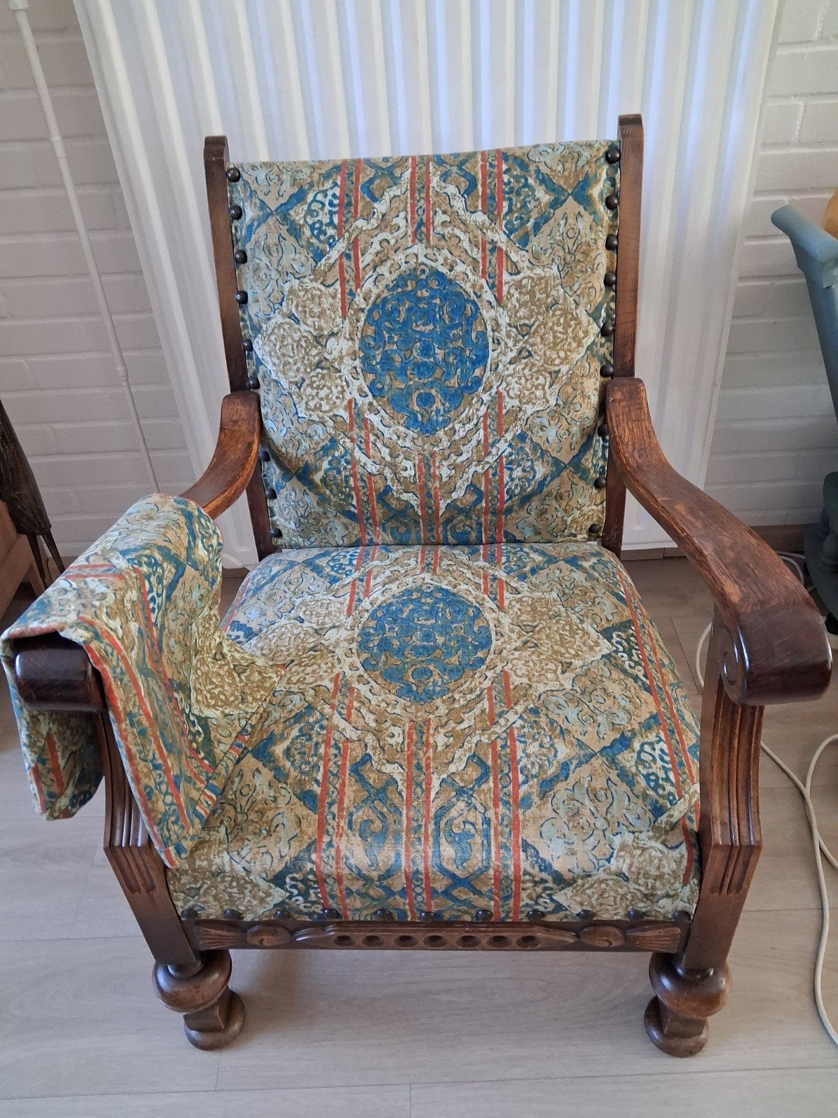 Antieke armstoel fauteuil eiken + gobelin-bekleding vintage, Antiek en Kunst, Antiek | Meubels | Stoelen en Banken, Ophalen